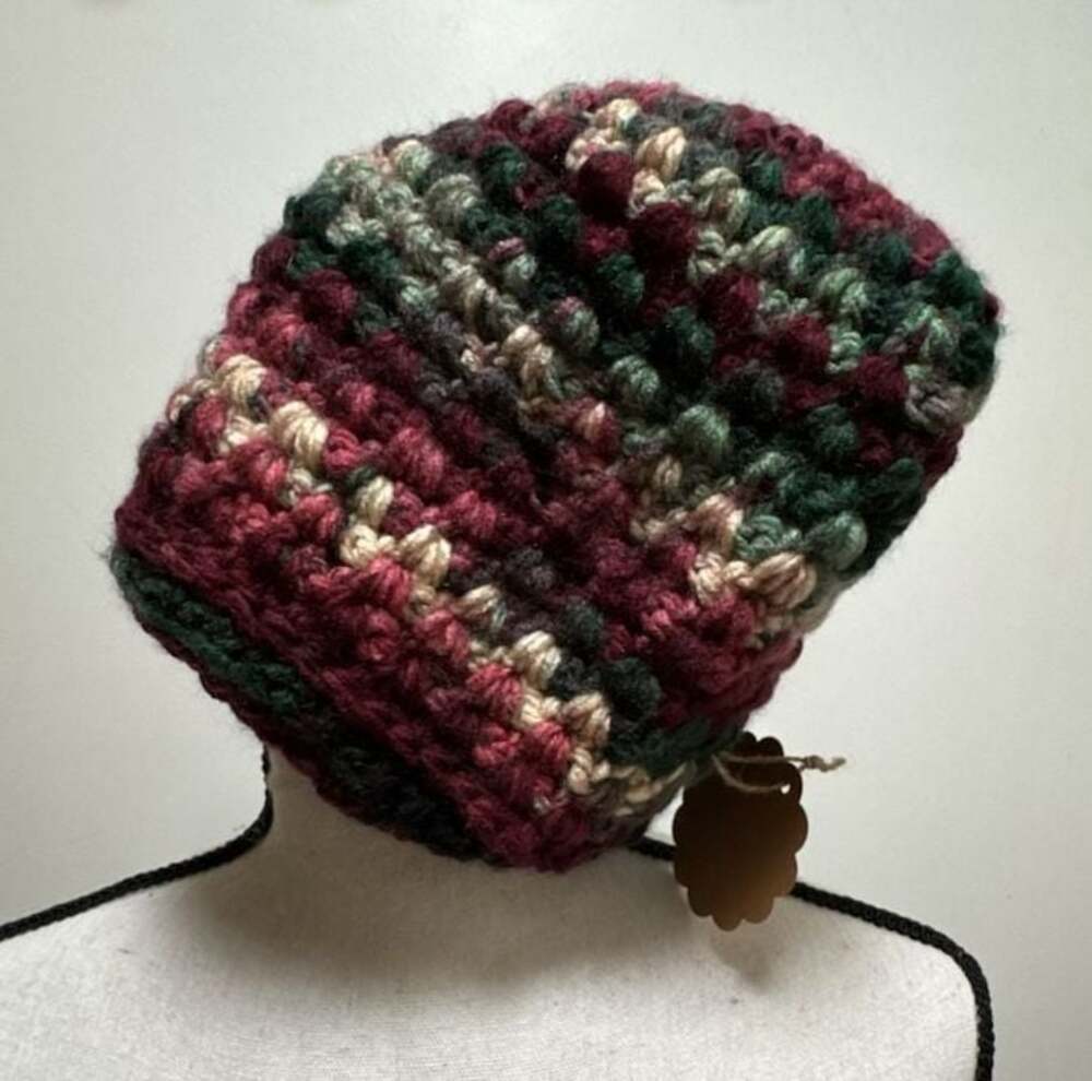 Handmade Crocheted Slouchy Cowgirl Beanie Hat Multi-Color Red Green Winter - Picture 2 of 5